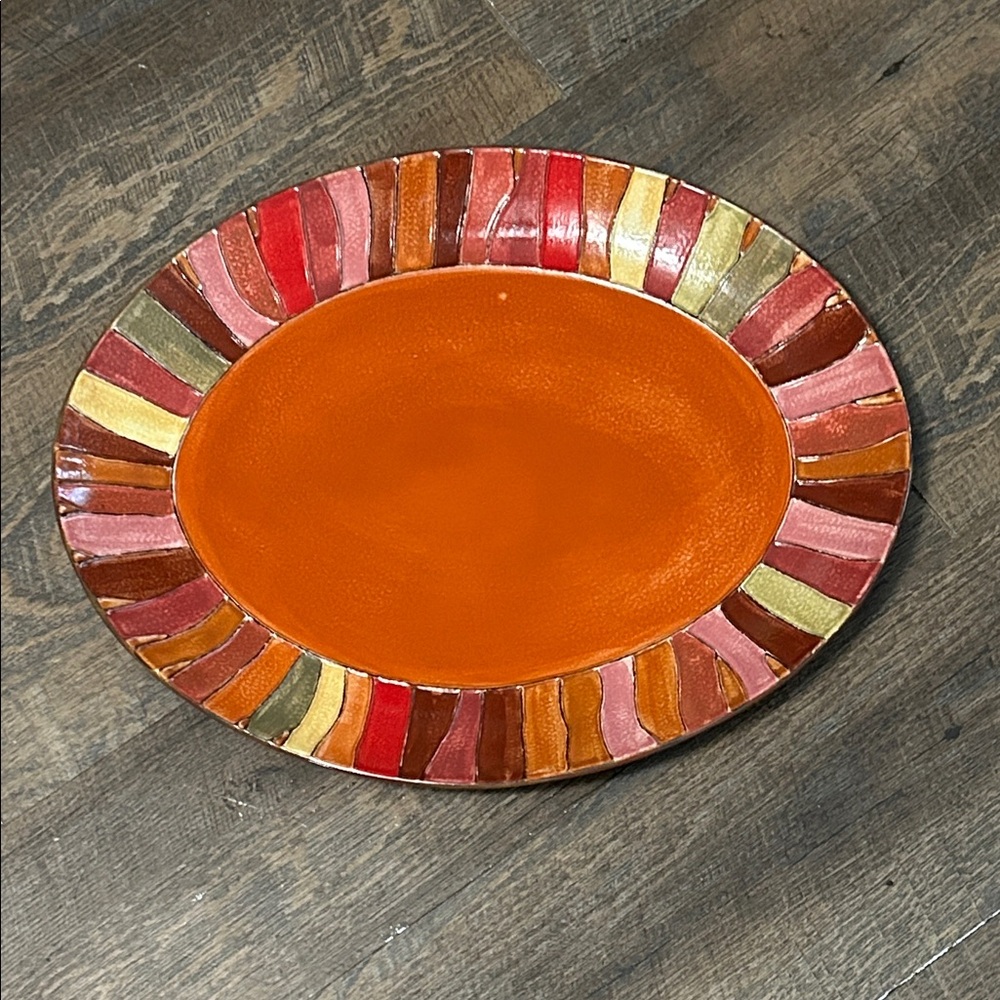 Pier 1 Imports Wavy Stripe Oval Serving Platter Handpainted Stoneware‎ 16"
